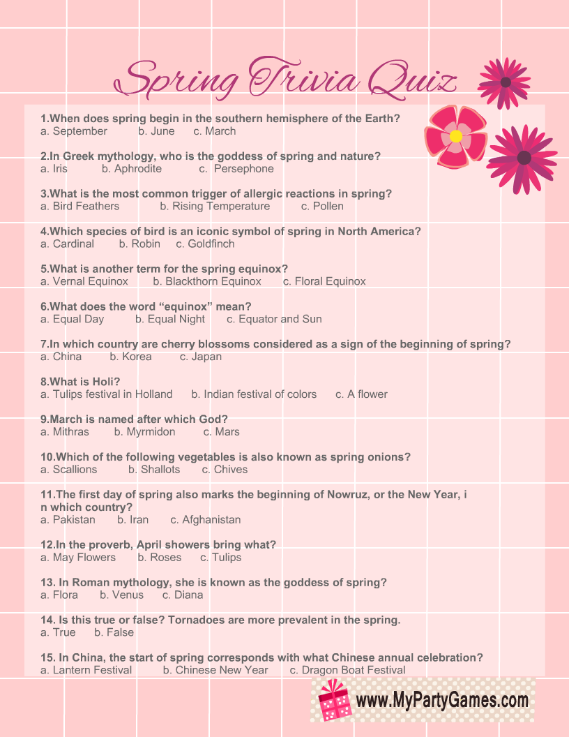 Spring Trivia For Seniors Printable Spring Trivia For Seniors Printable