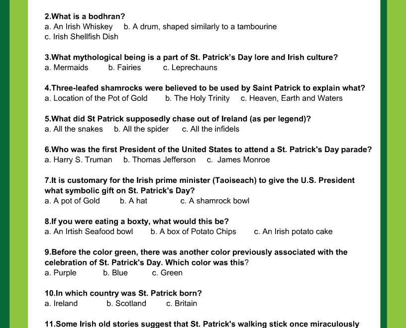 Free Printable St Patrick s Day Trivia Quiz