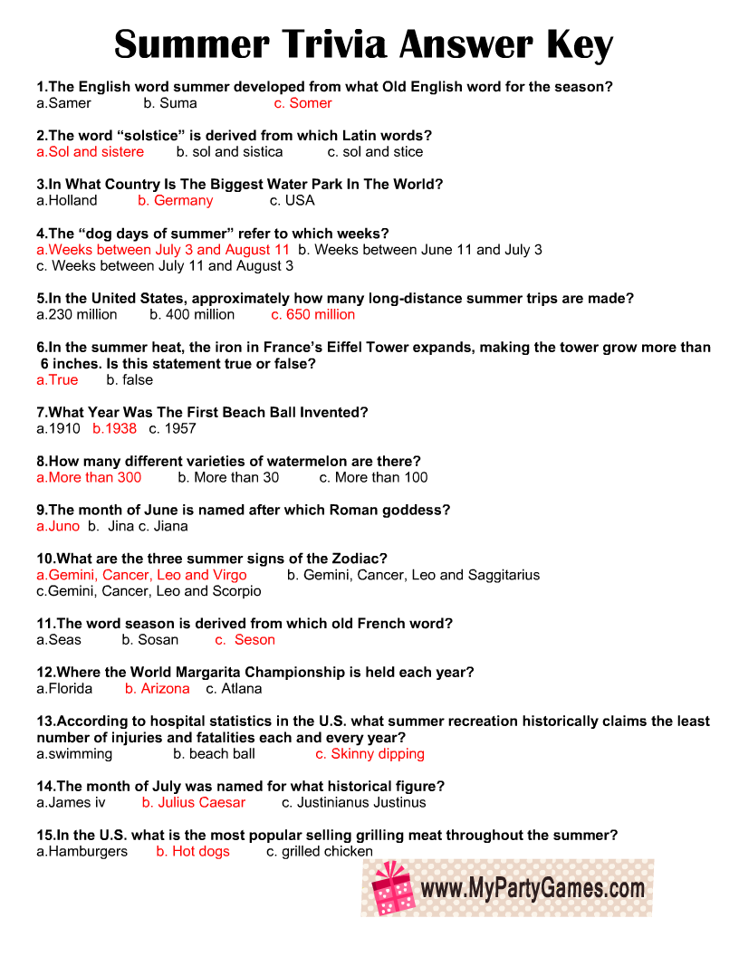 Easy Printable Summer Trivia With Answers