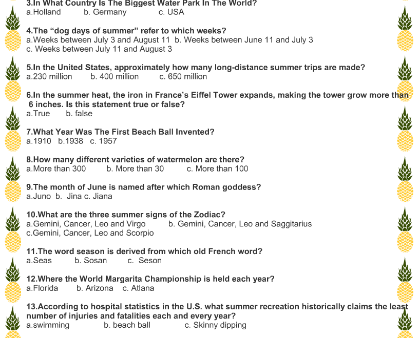 Free Printable Summer Trivia Quiz