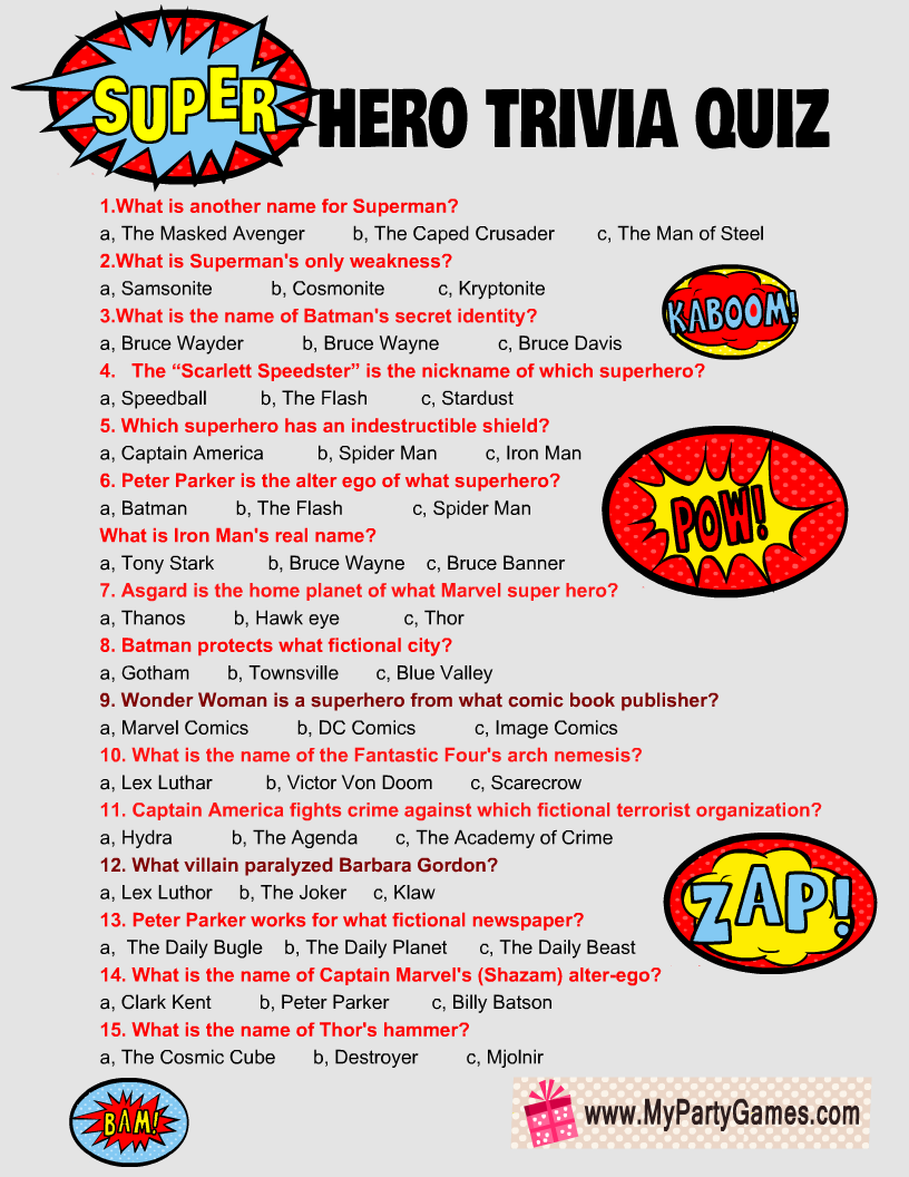 Free Printable Superhero Trivia Quiz Free Printable Superhero Trivia Quiz