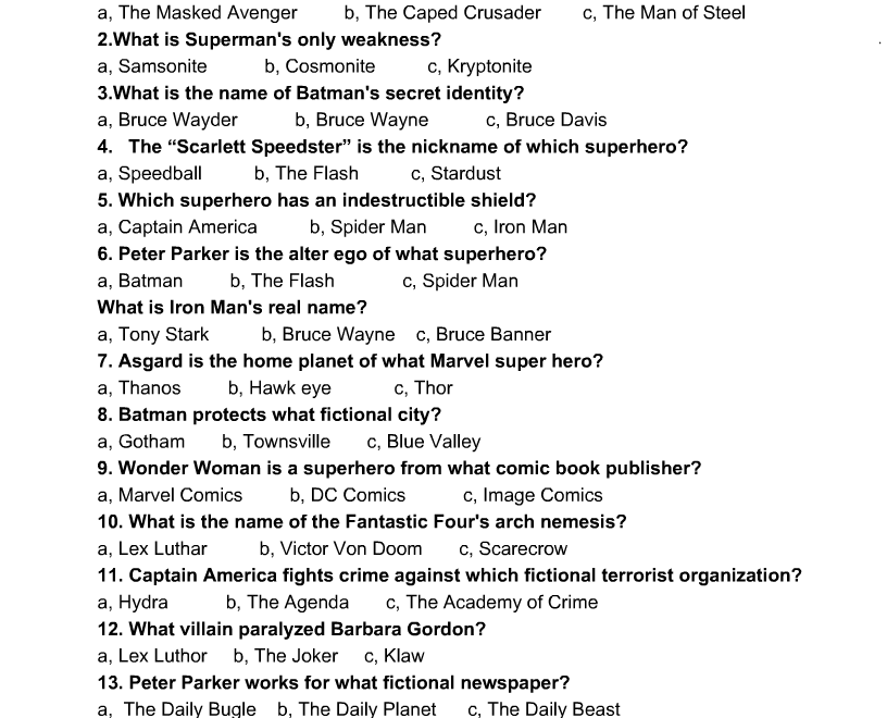 Free Printable Superhero Trivia Quiz