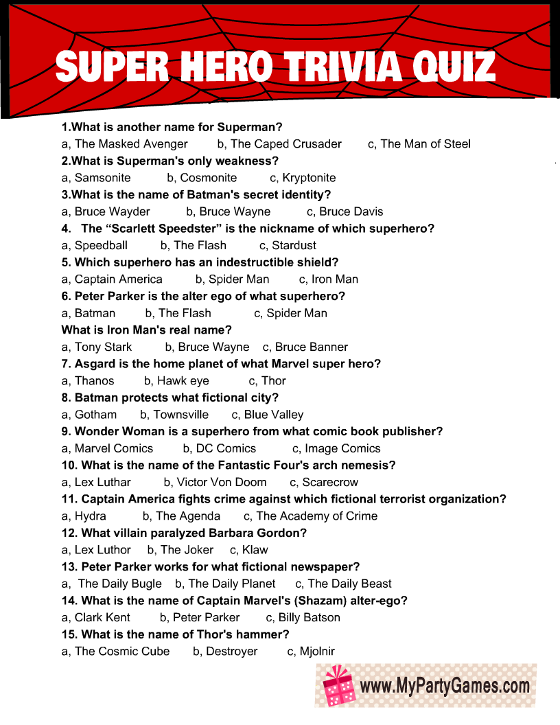 Free Printable Superhero Trivia Quiz Free Printable Superhero Trivia Quiz