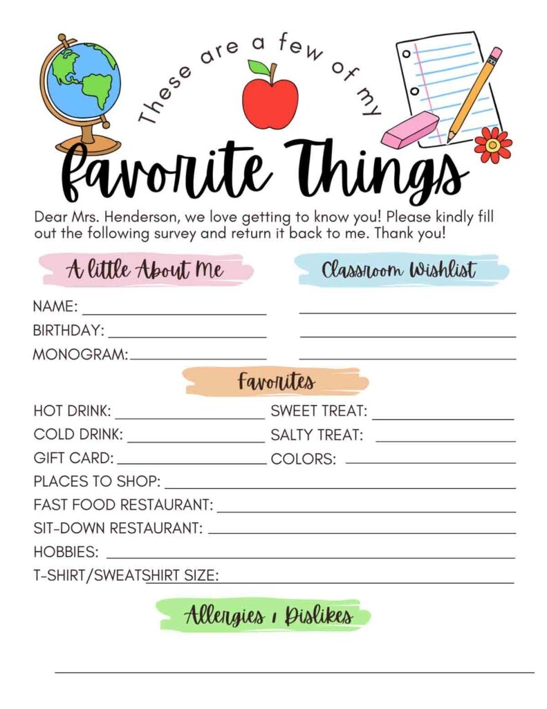 FREE Printable Teacher Favorite Things MindyMakes