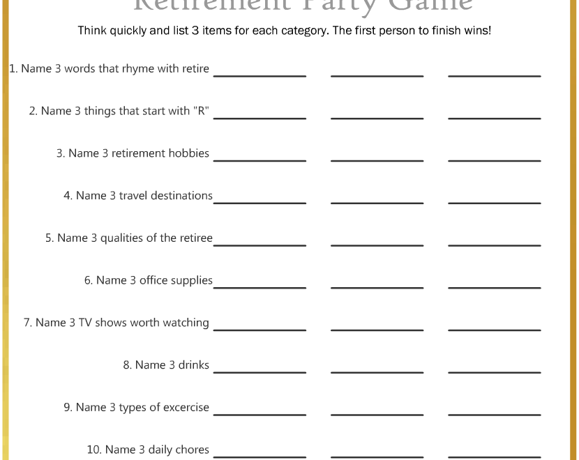 Free Printable Think Fast Game For Retirement Party