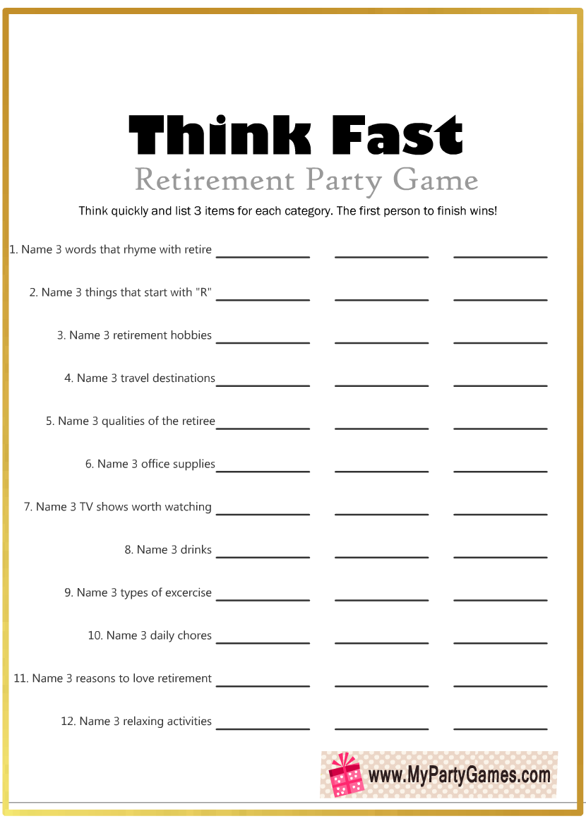 Free Printable Think Fast Game For Retirement Party