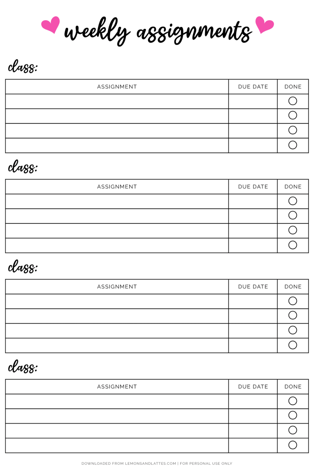Free Printable Weekly Assignments Tracker