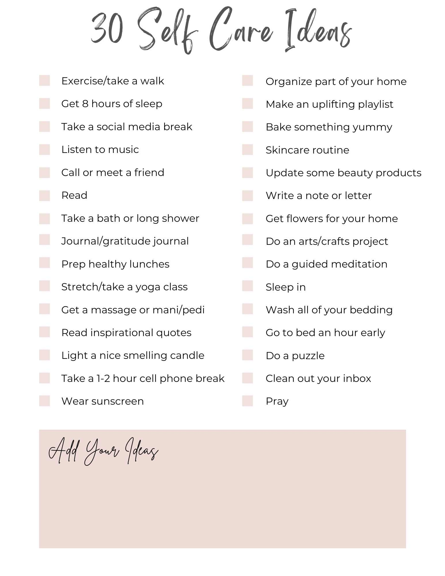 Printable Self Care List