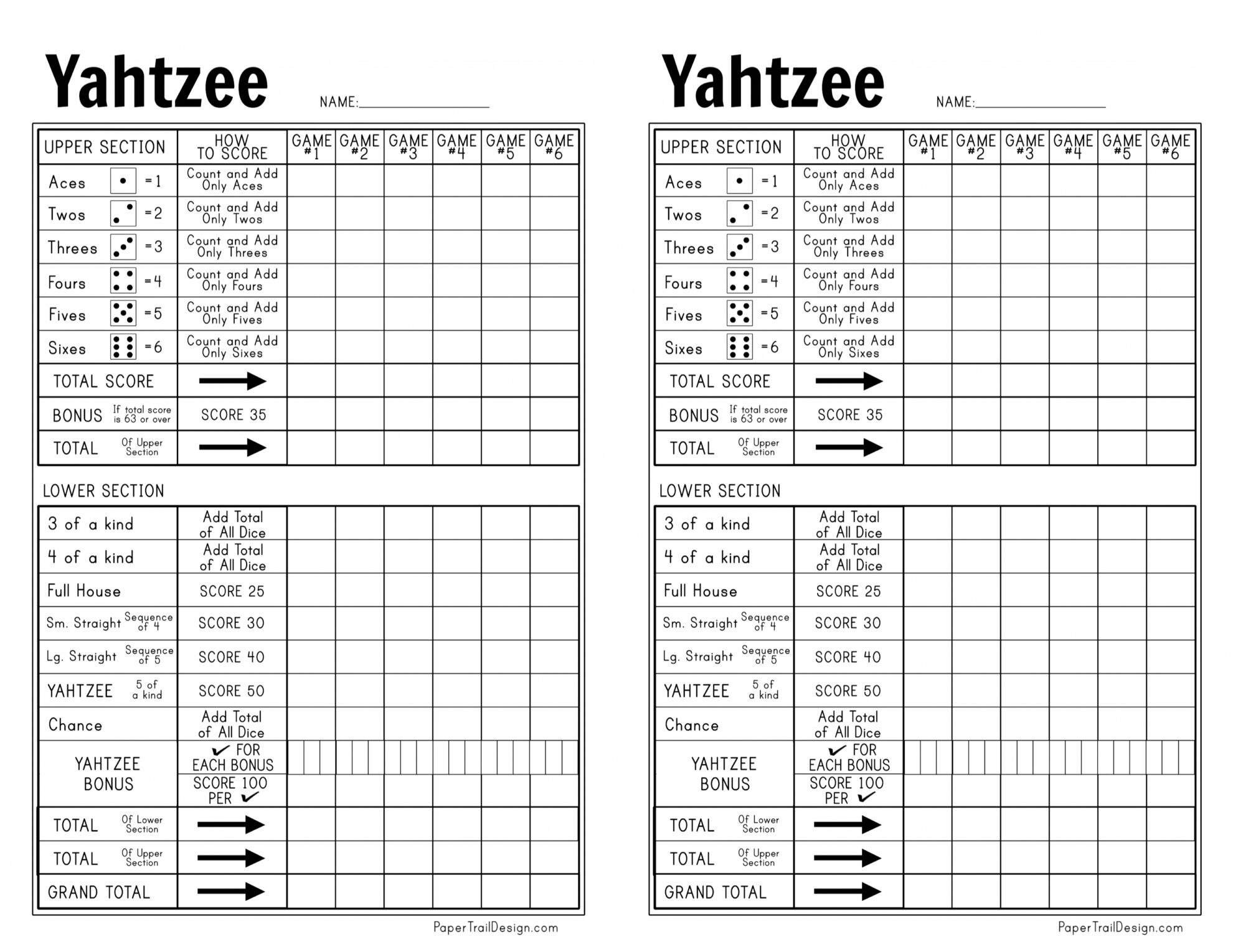 Yahtzee Score Sheet Printable