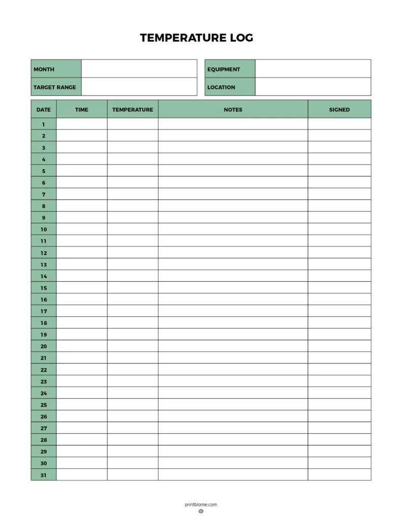 Refrigerator Temp Log Sheet Printable Refrigerator Temp Log Sheet Printable
