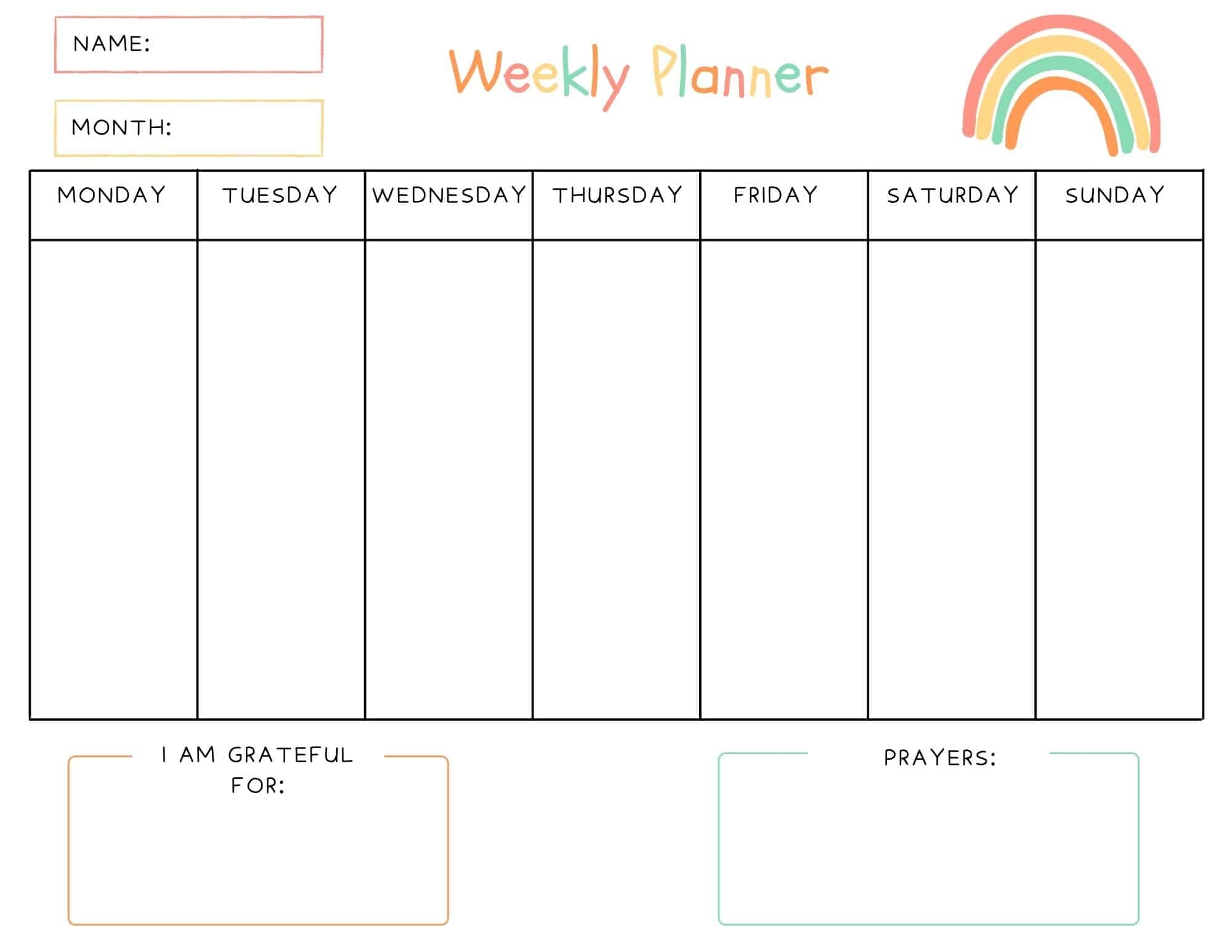 Free Weekly Planner For Kids with Prayers Gratitude Out Upon 