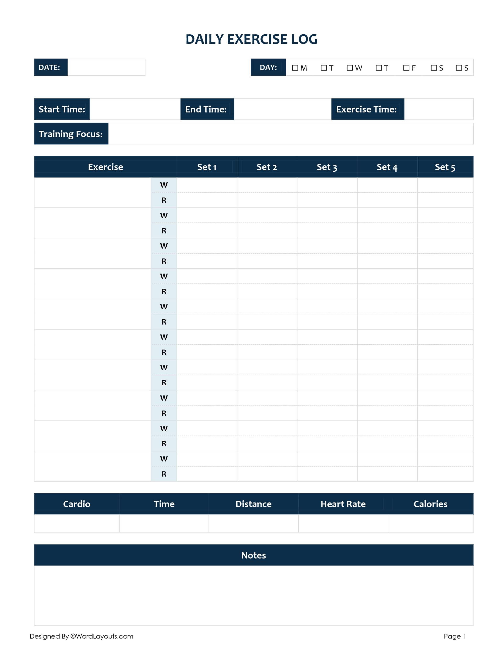 Exercise Chart Printable High School