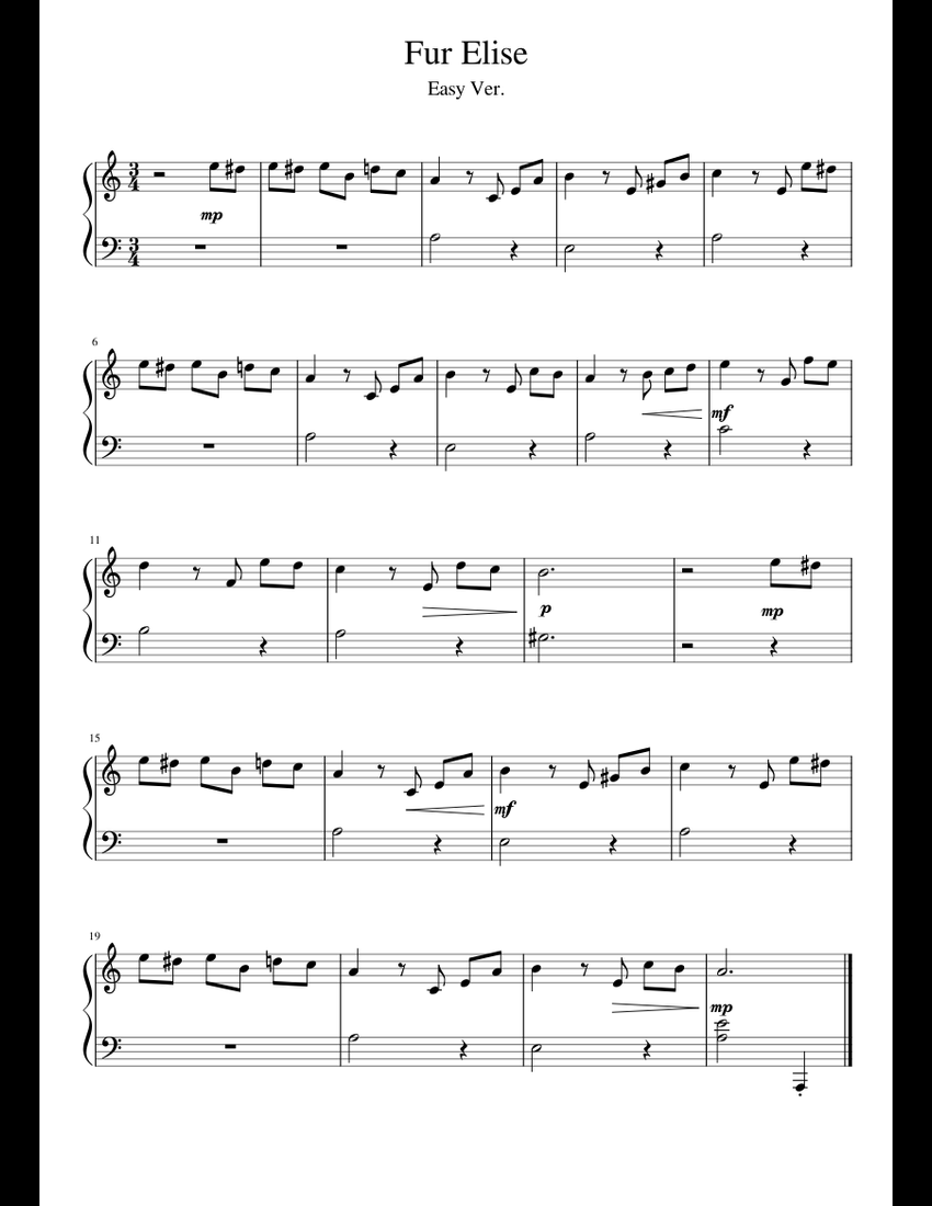 Fur Elise Easy Ver Sheet Music For Piano Solo MuseScore