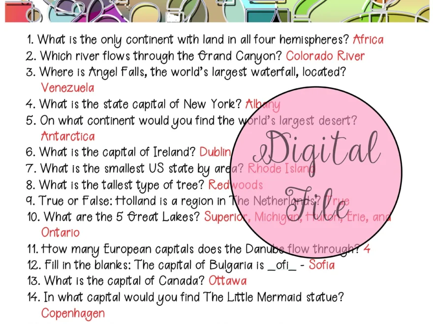 Geography Trivia fun Quiz printable Trivia classroom Trivia Etsy