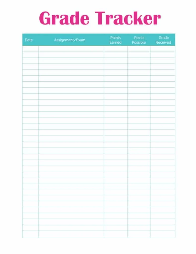 Grade Tracker Printable