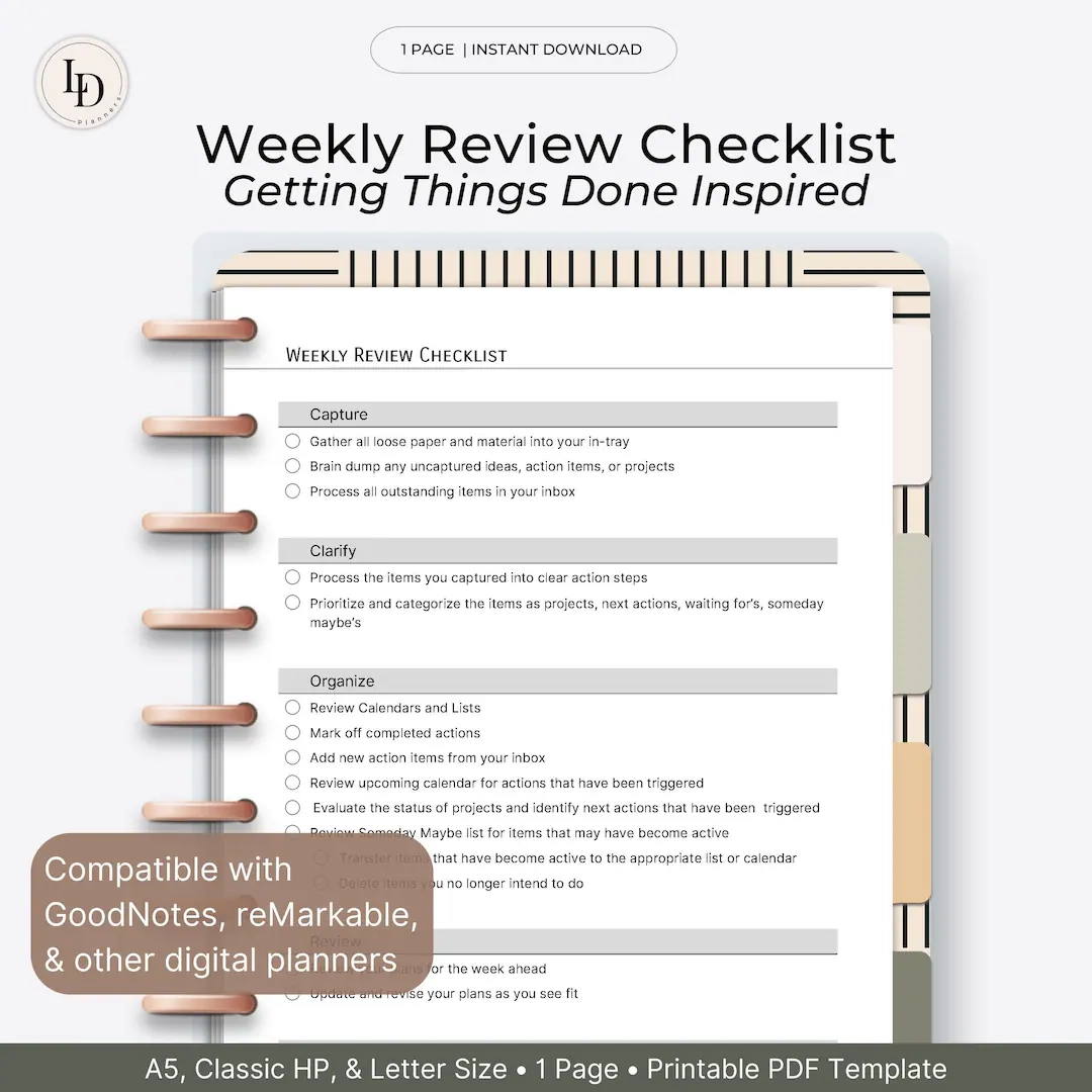 GTD Inspired Weekly Review Checklist Digital Planner Insert 