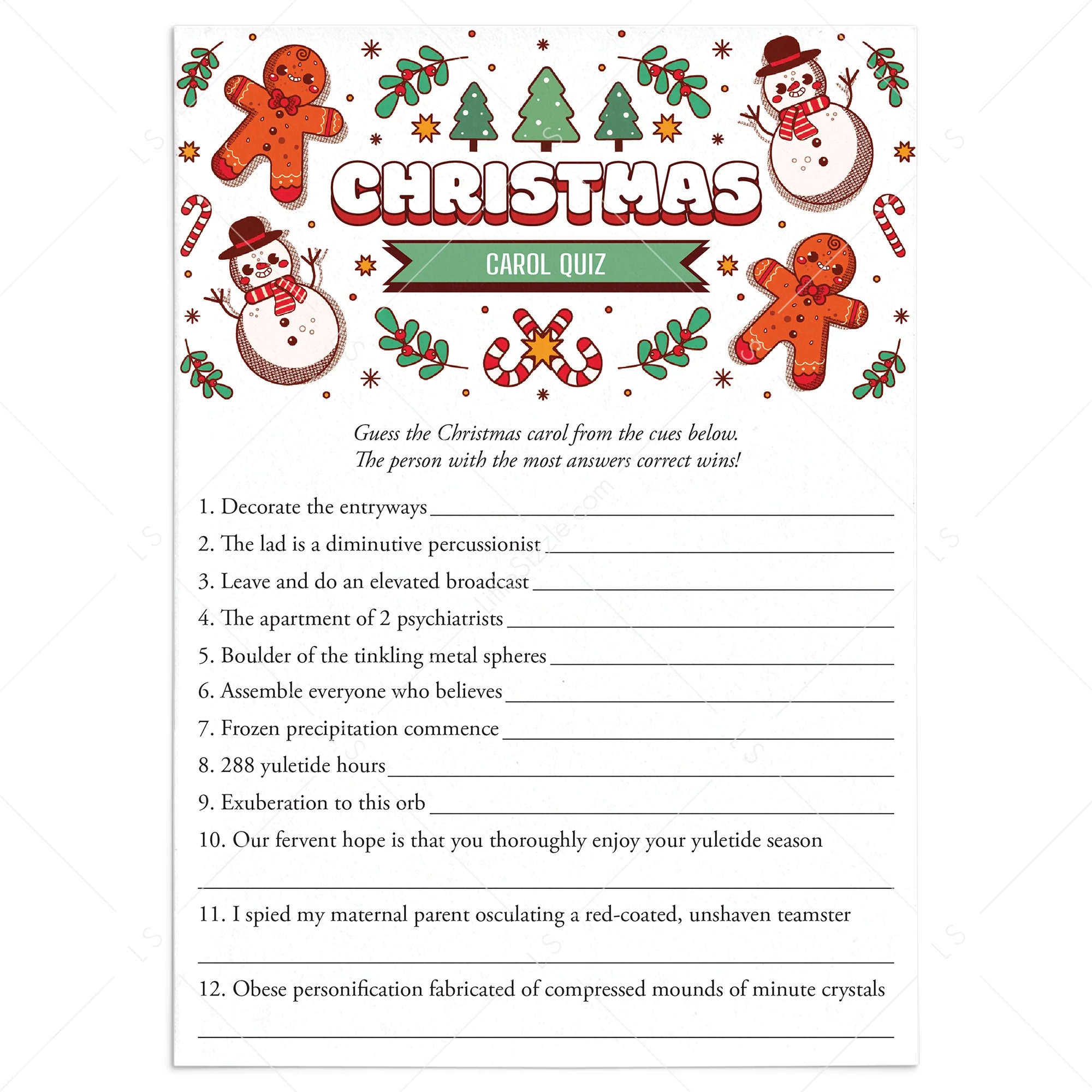 Christmas Song Quiz Printable With Answers