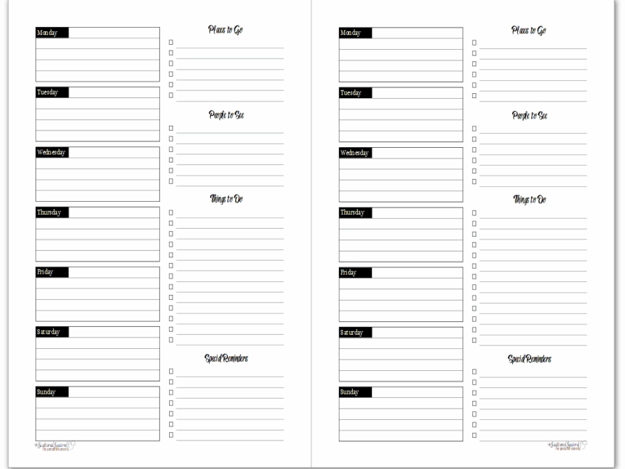 Half Size Black And White Weekly Planner Printables