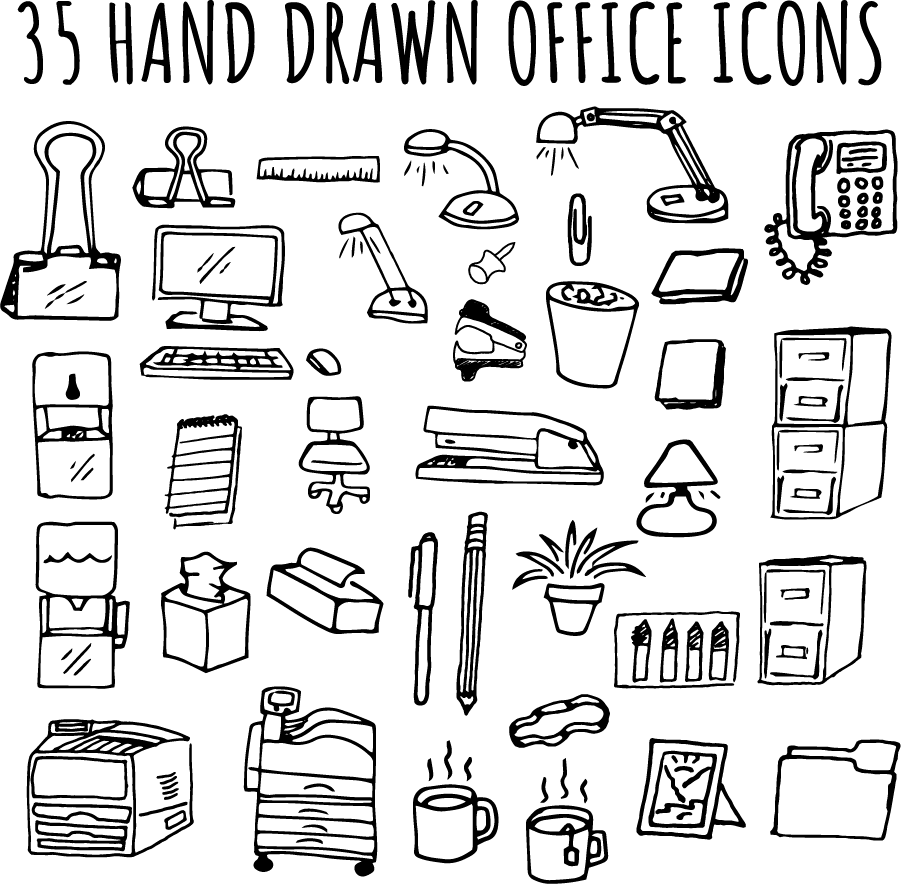 Hand Drawn Office Icons Clipart Set Early Bird