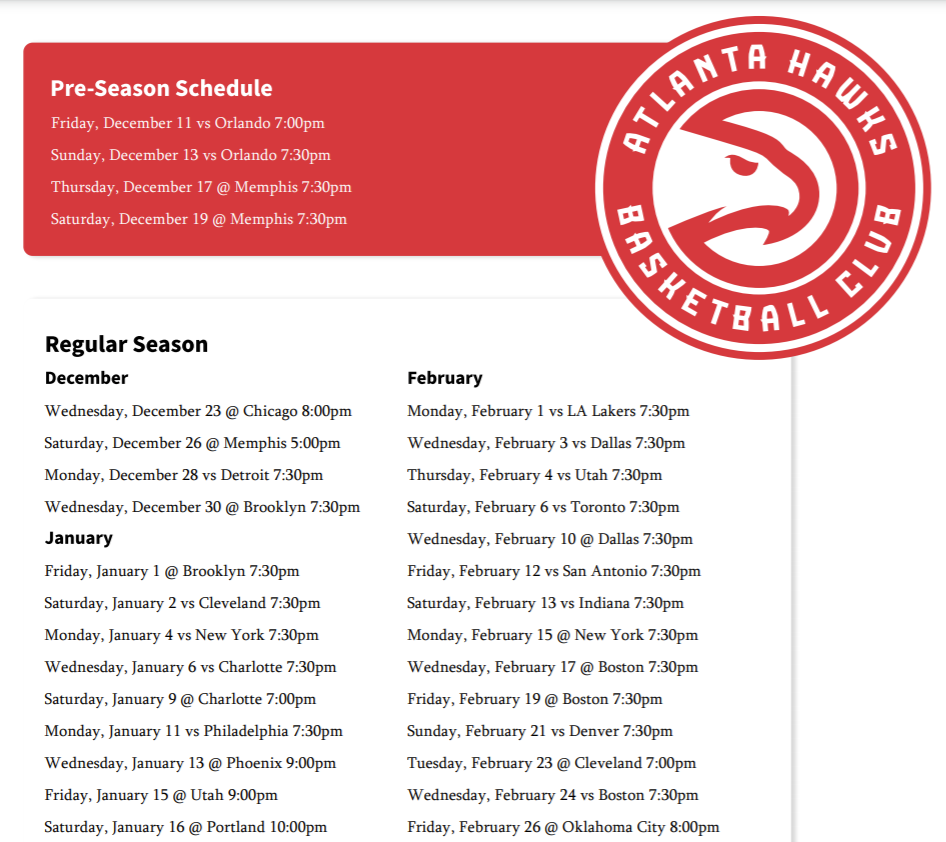 Atlanta Hawks Schedule Printable