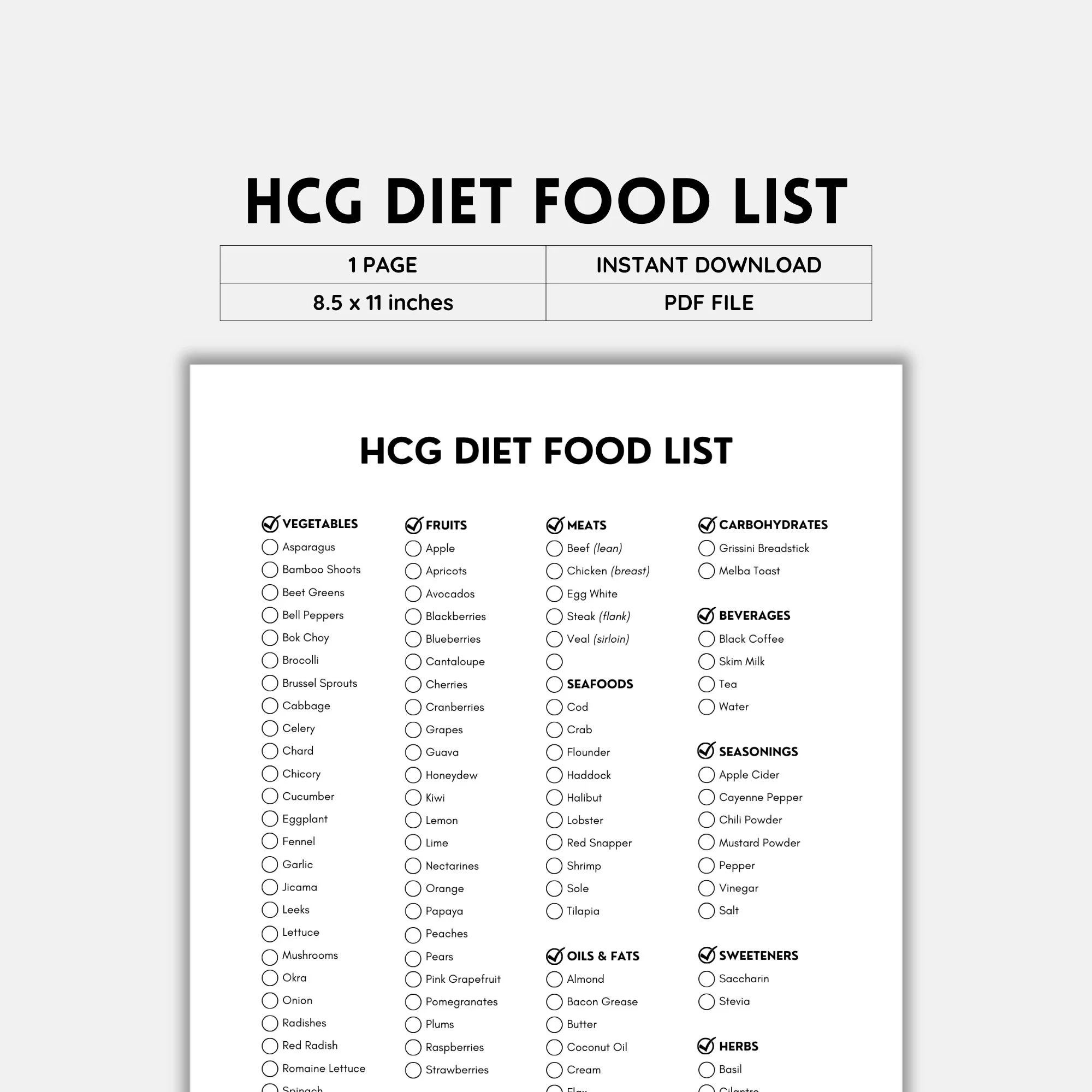 HCG Diet Food List Grocery List Food Guide List Printable 