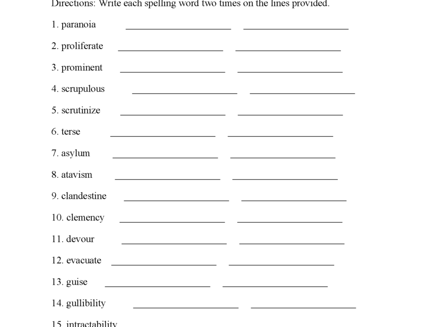High School Spelling Worksheets Advanced Spelling Word Practice