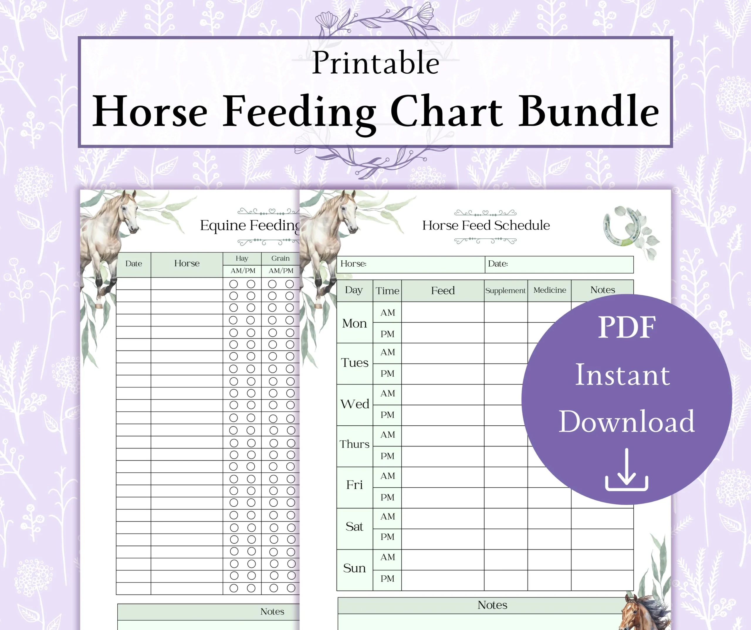 Horse Feeding Chart Bundle Printable PDF Equine Feeding Chart 