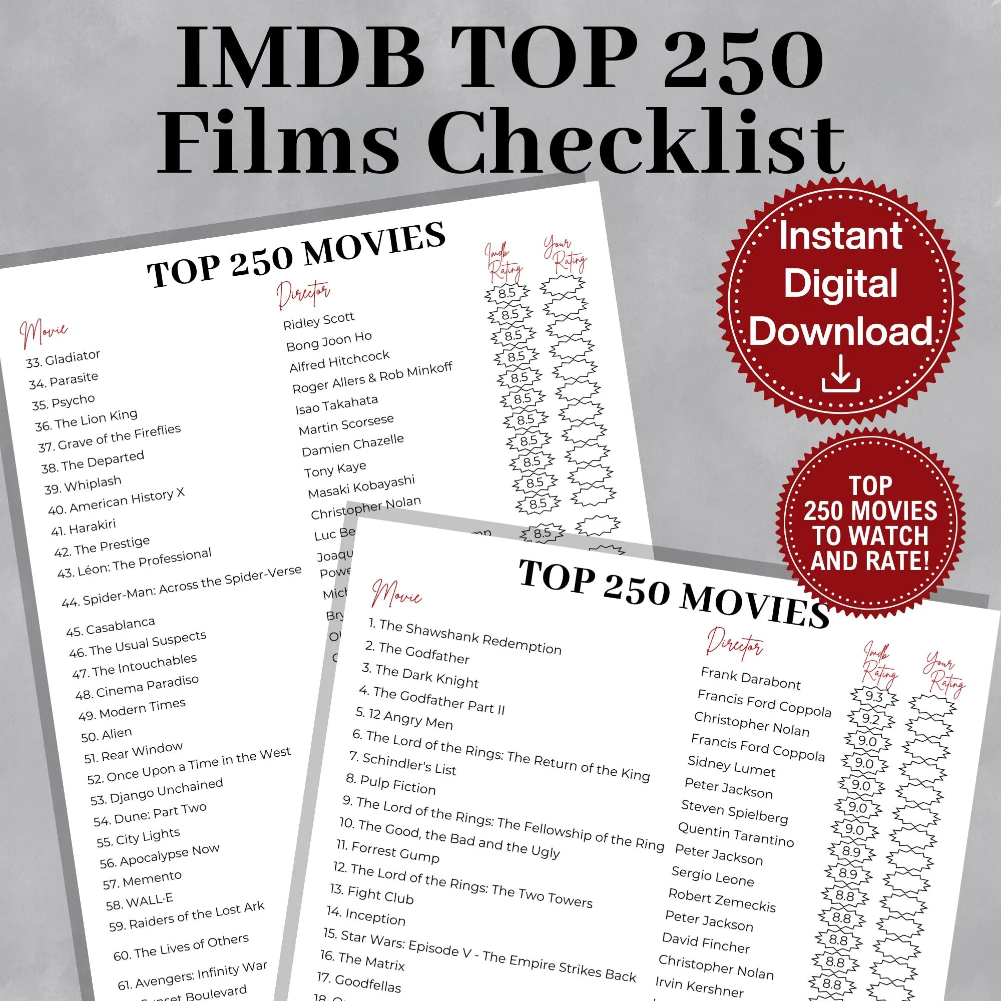 IMDB Top 250 Movies Checklist Ultimate Film Bucket List PDF Etsy Canada