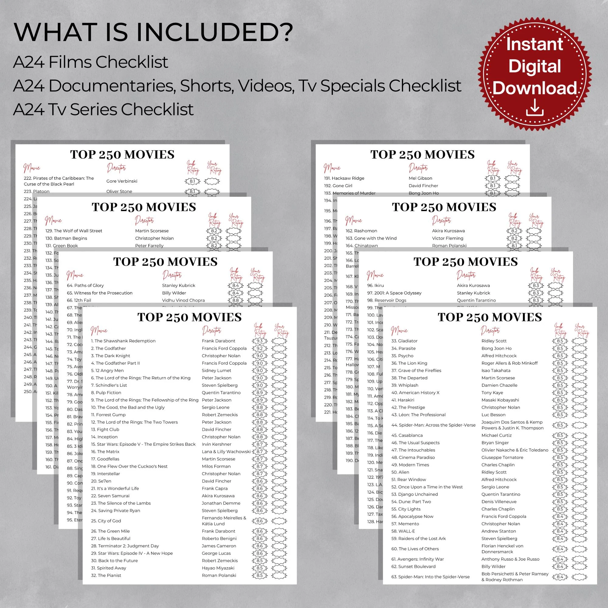 IMDB Top 250 Movies Checklist Ultimate Film Bucket List PDF Etsy Ireland