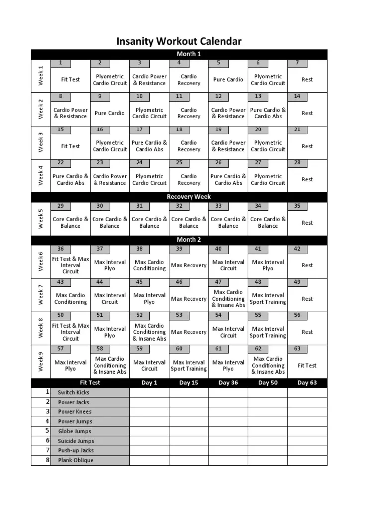 Printable Insanity Workout Schedule