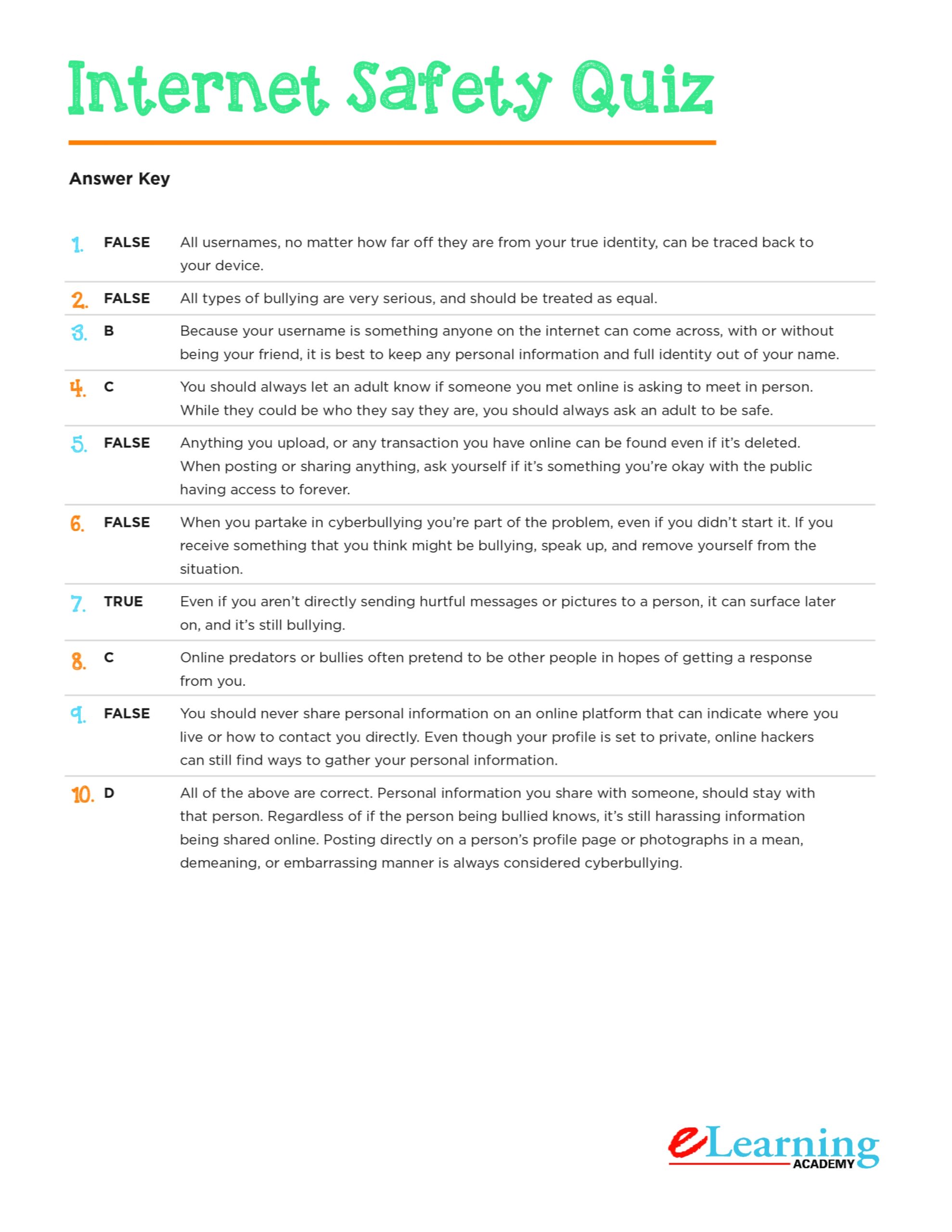 Cyber Safety Quiz Printable