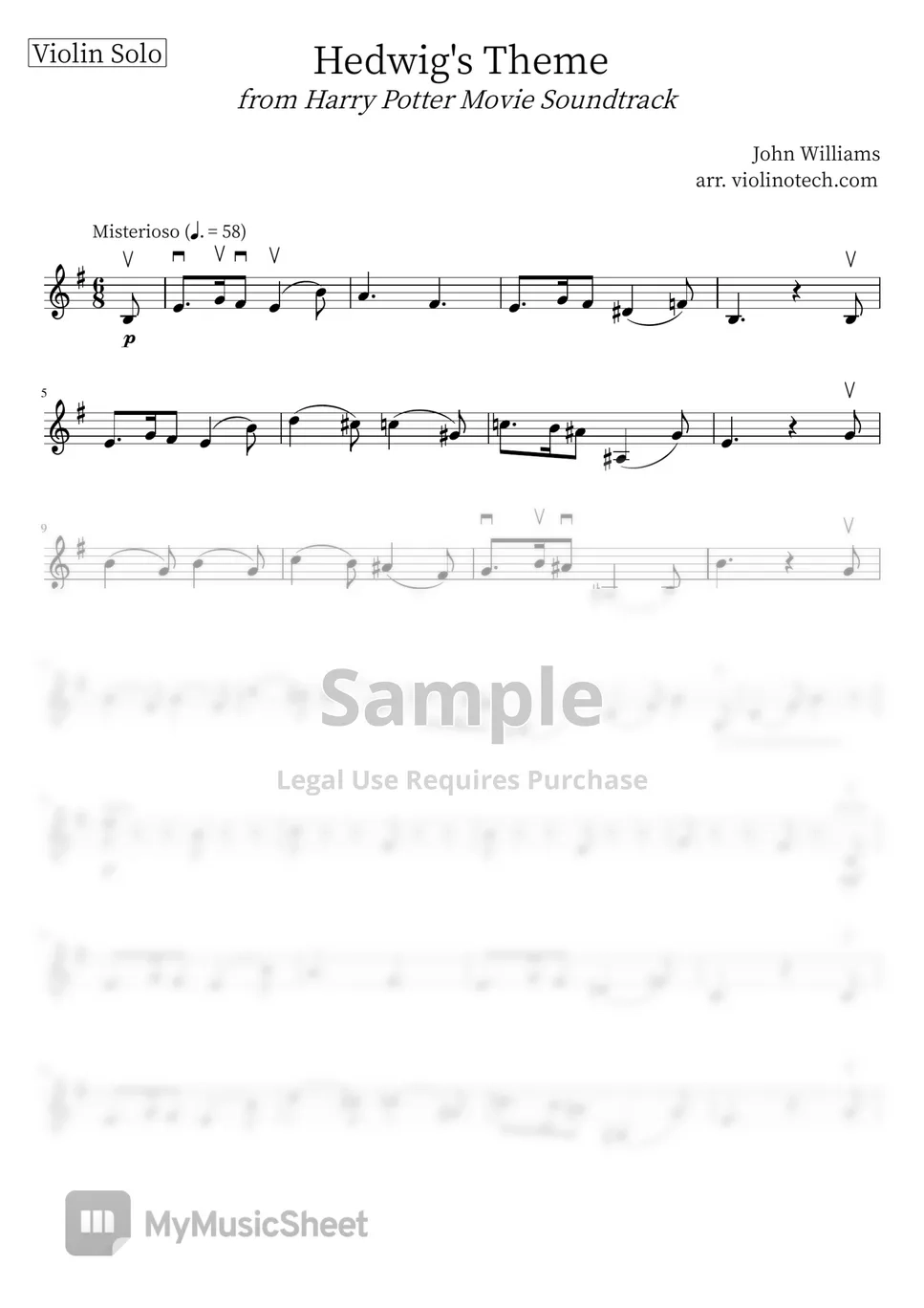 John Williams Harry Potter Hedwig s Theme Violin Solo Sheet Music By Violinotech