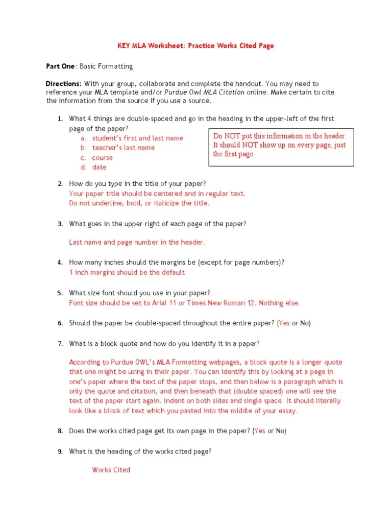 Mla Format Quiz Printable Owl