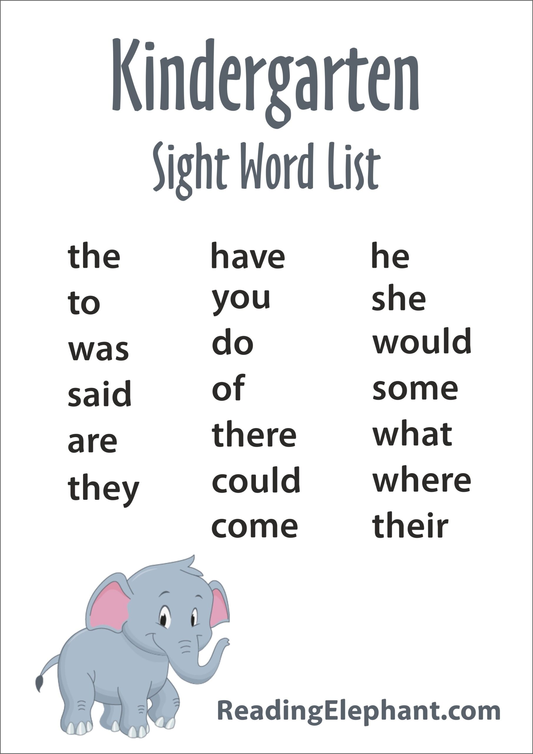 Kindergarten Sight Words FREE Printable Reading Elephant Kindergarten Sight Words FREE Printable Reading Elephant