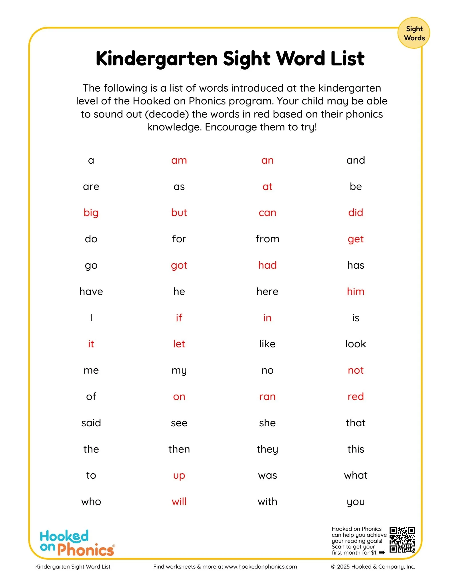 Free Printable Kindergarten Sight Word List Free Printable Kindergarten Sight Word List