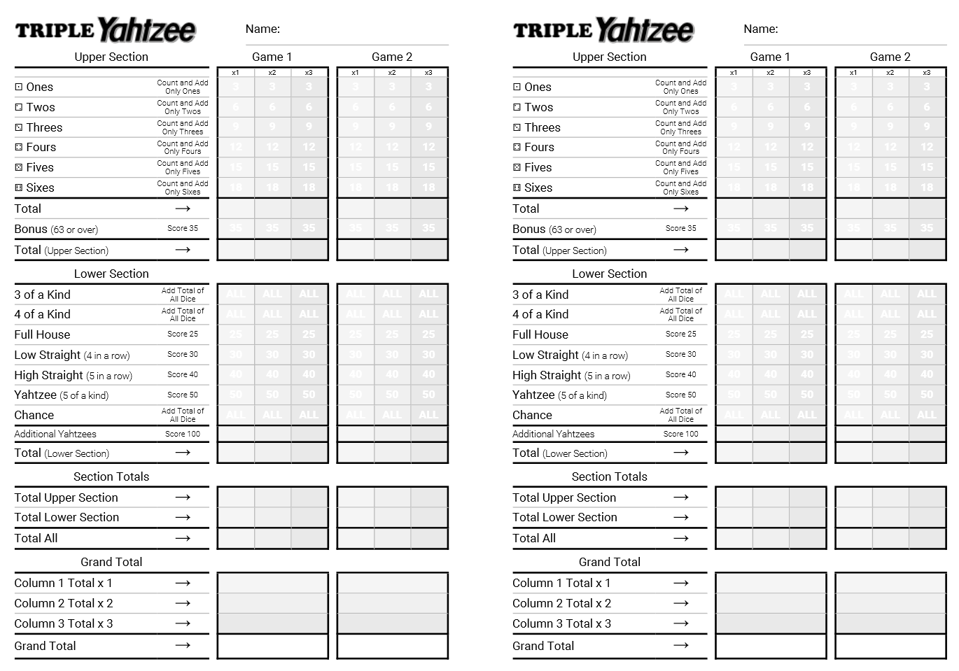 Triple Yatzee Score Sheets Printable Triple Yatzee Score Sheets Printable