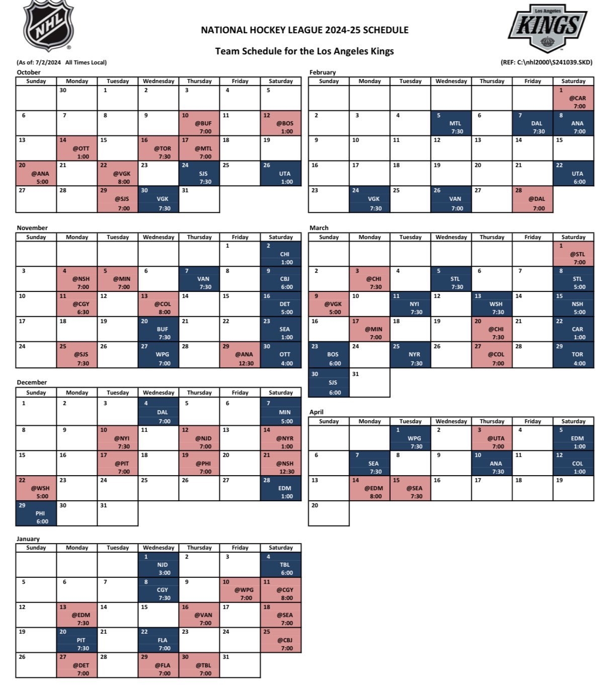 LA Kings 2024 25 Full 82 Game Season Schedule With Additional Notes