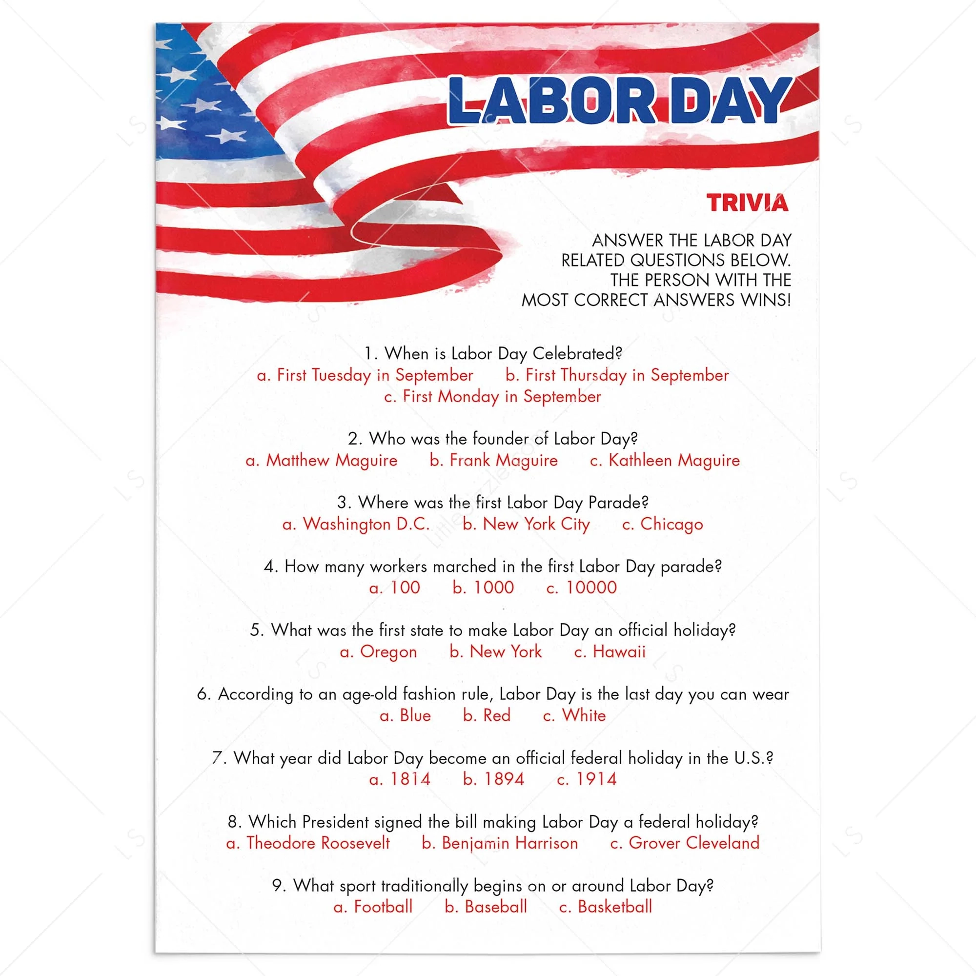 Labor Day Trivia Quiz Printable With Answers Instant Download Labor Day Trivia Quiz Printable With Answers Instant Download