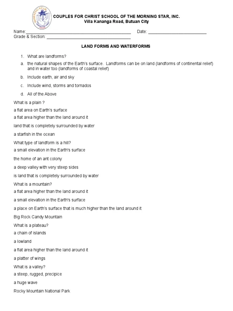 Oceans And Landforms Quiz Printable