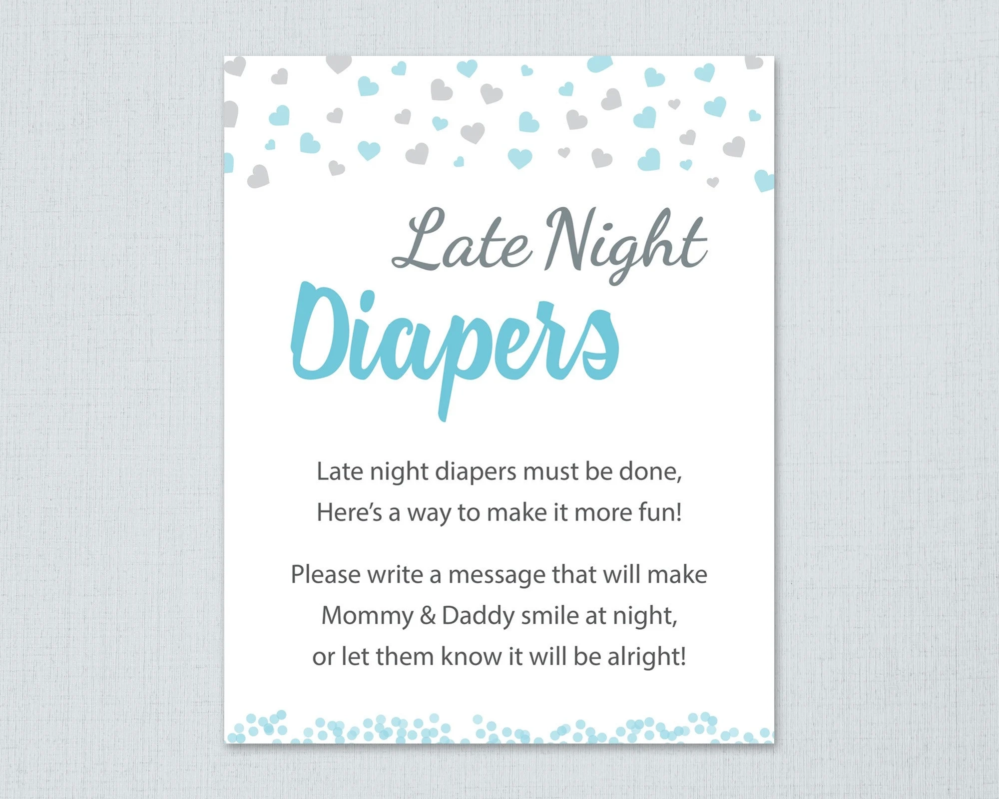 Late Night Diapers Game Sign Printable Boy Baby Shower Activity Blue Grey Hearts Confetti Instant Download Diaper Thoughts Message B008 Etsy