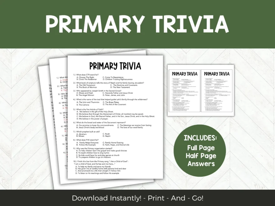 LDS Primary Trivia Activity Easy LDS Printable Game Sunday School Primary Activities Ideas No Prep Easy LDS Activity Days Idea Etsy