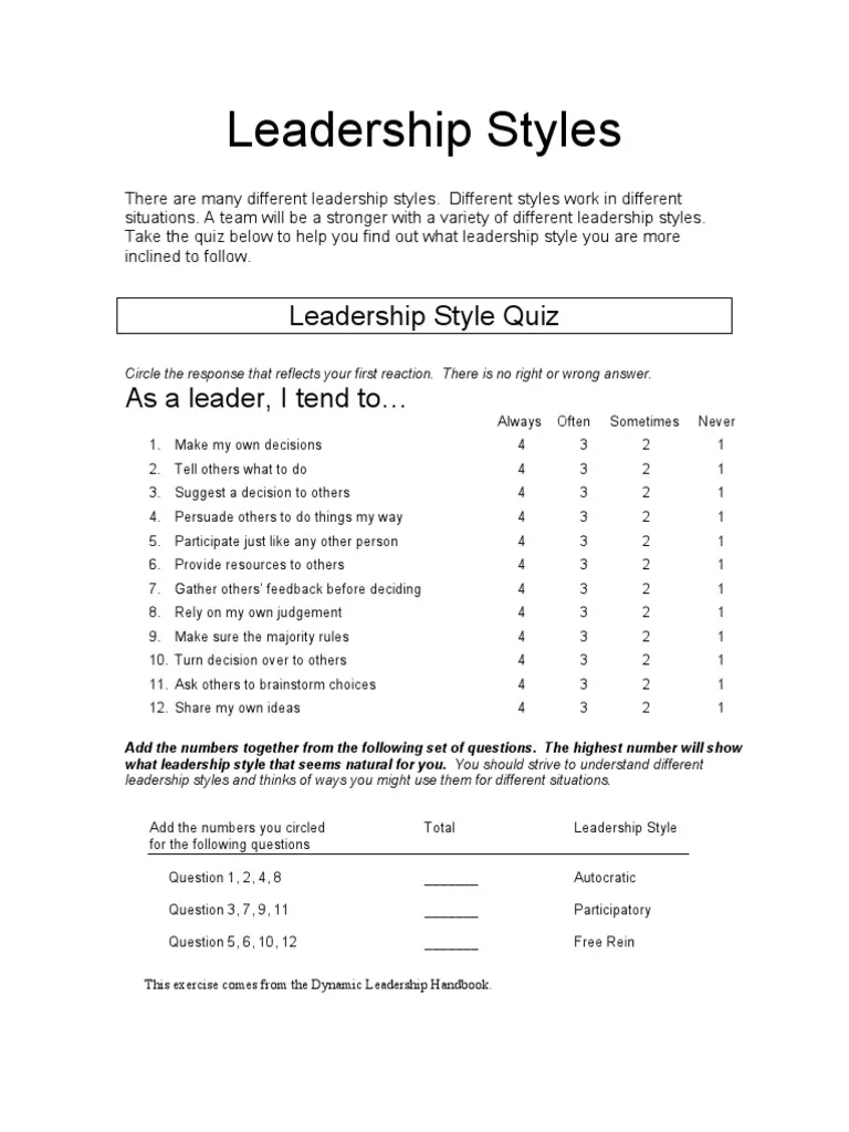 Leadership Style Quiz For Students Printable Leadership Style Quiz For Students Printable