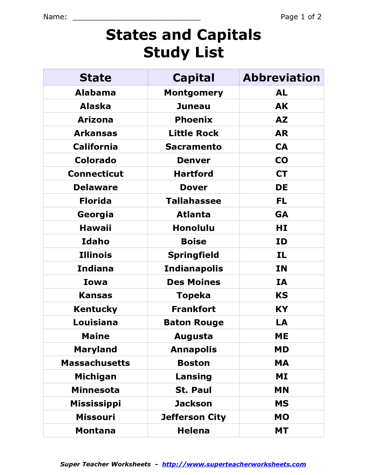 States And Capitals Printable List States And Capitals Printable List