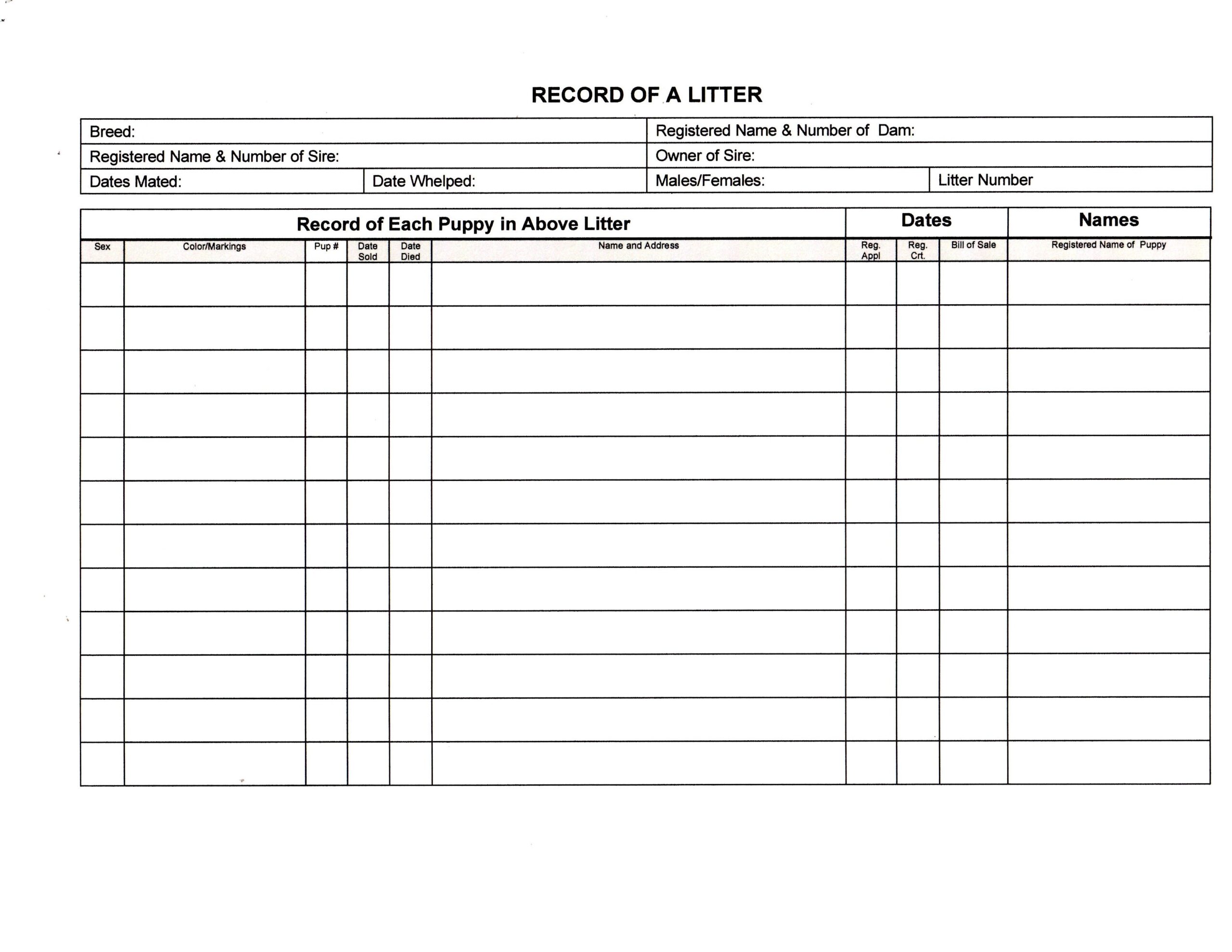 Litter Record Chart Litter Record Chart