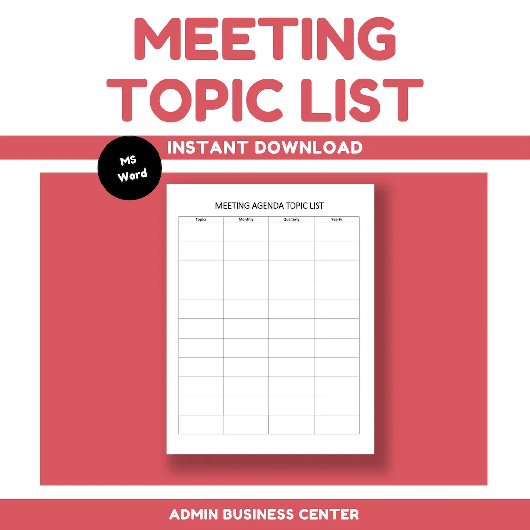 Meeting Topic List Template Editable Business Planner digital Meeting Topic List Template Editable Business Planner digital