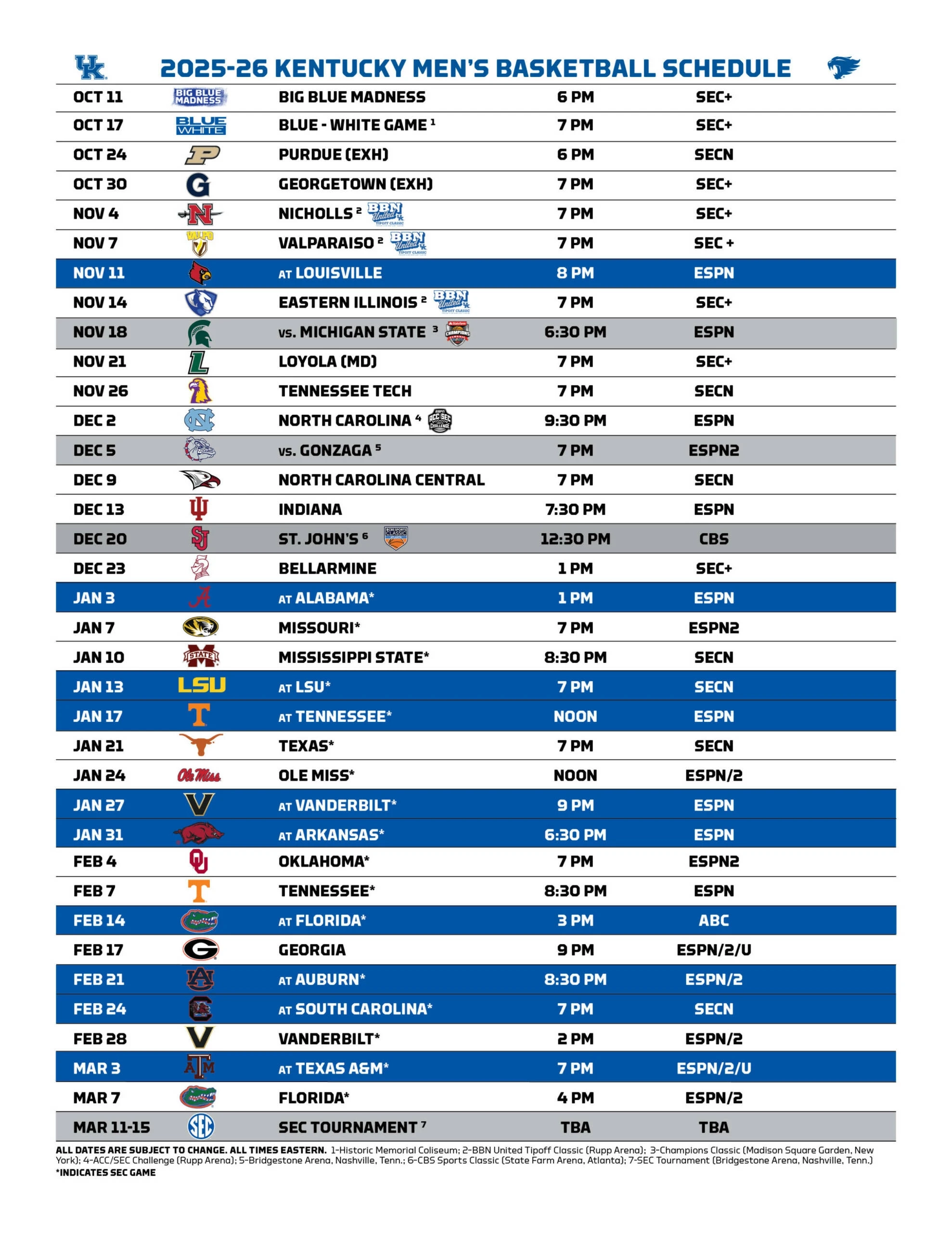 2025-26 Louisville Basketball Schedule Printable 2025-26 Louisville Basketball Schedule Printable