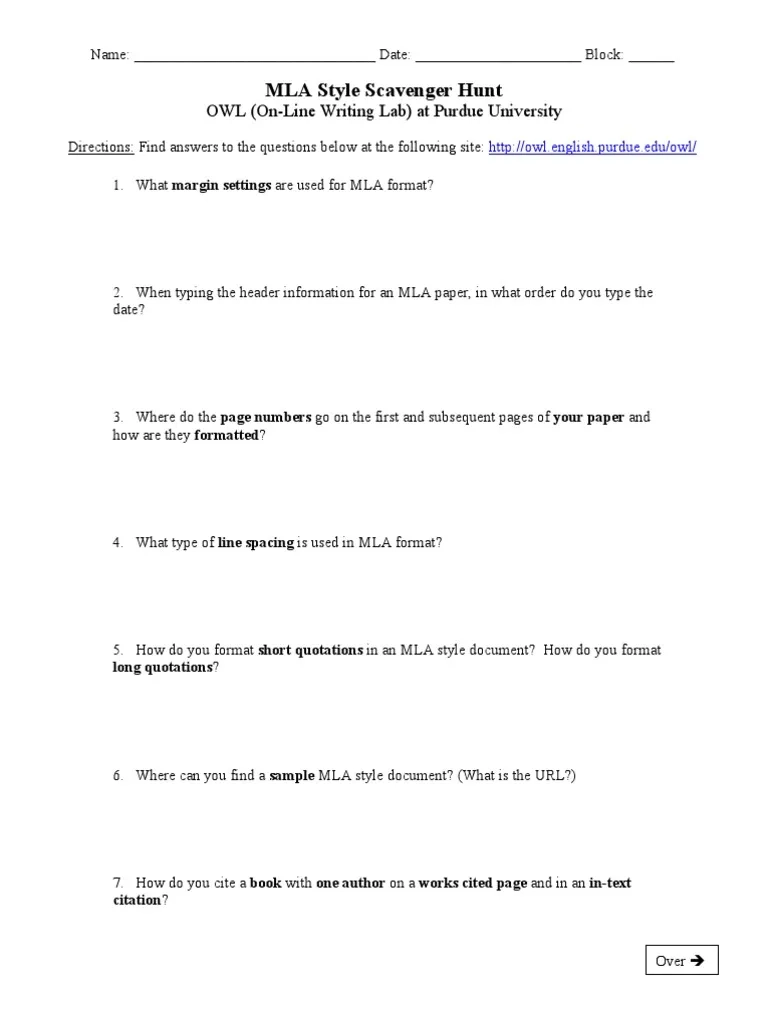 MLA Scavenger Hunt Sheet PDF Citation Publishing