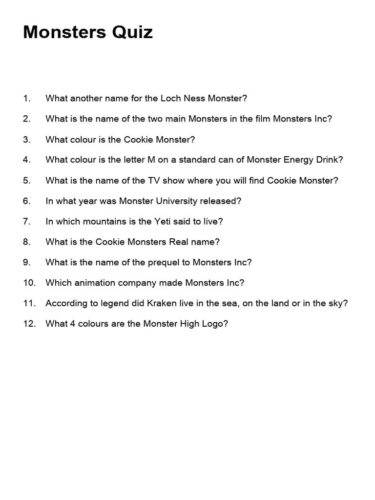 Monster Quiz PDF Games amp Activities Monster Quiz PDF Games amp Activities