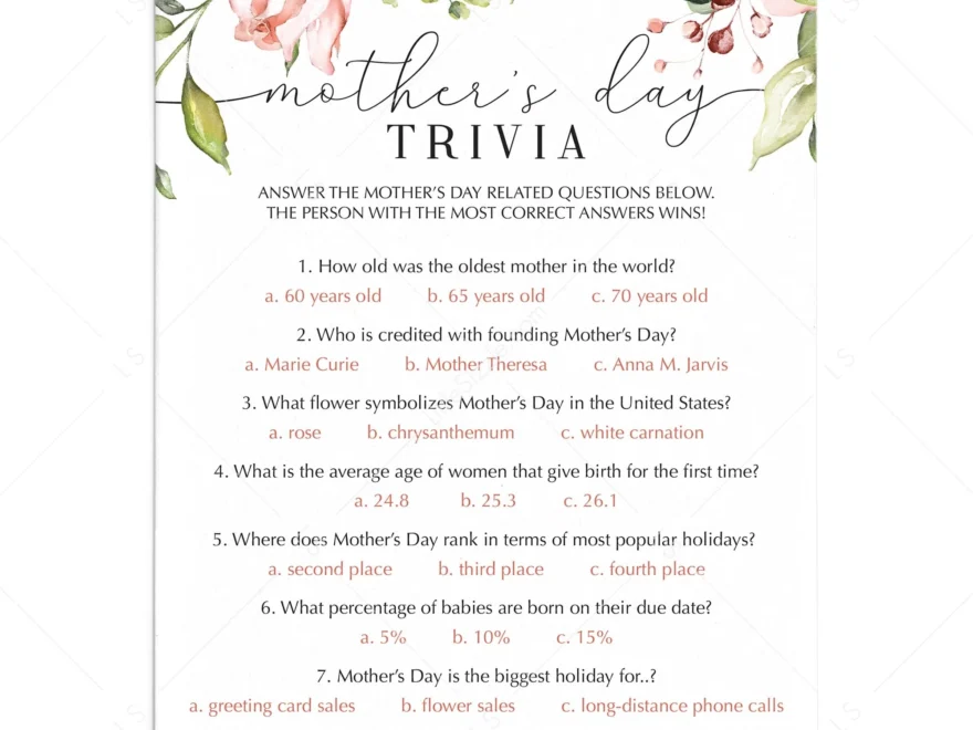 Mother s Day Trivia Game Printable amp Fillable PDF Instant Download