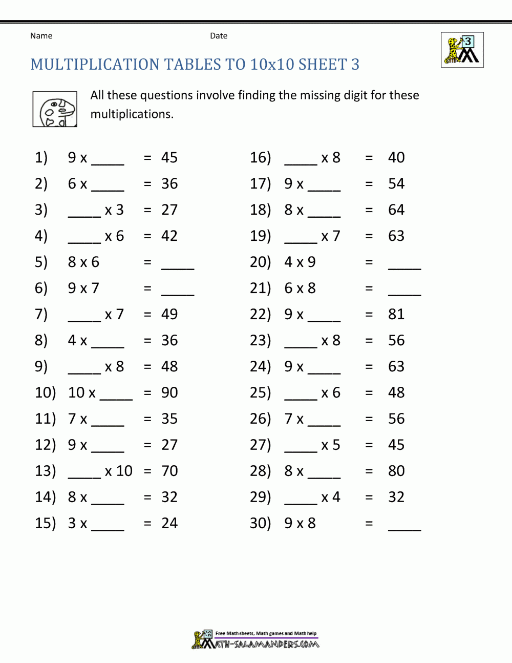 Multiplication Fact Quiz Printable Generator